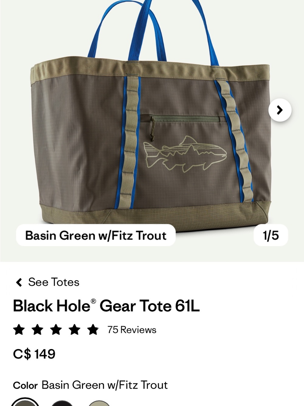 Patagonia Basin Green Duffel Tote with Blue Handles